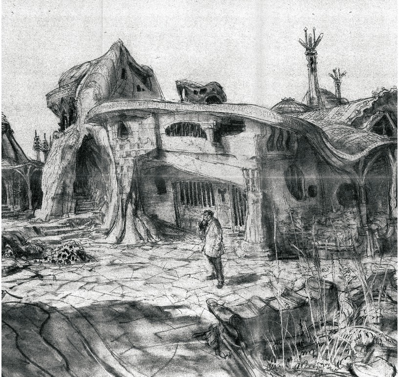 Mentor Heubner’s sketch #12 depicts a pipe-smoking ape standing on a flagstone patio in front of his house.